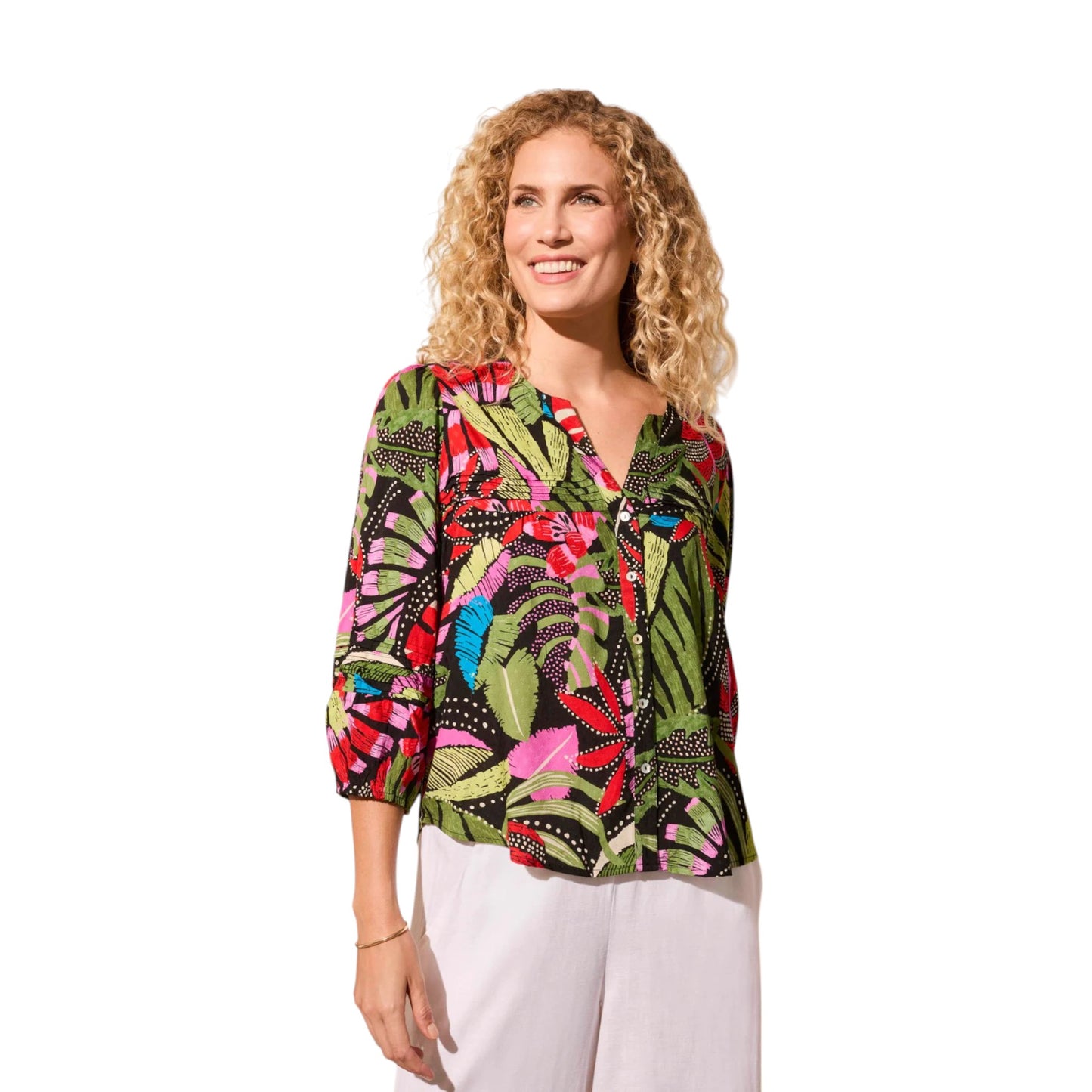Tribal - 3/4 Sleeve Button-Front Blouse With Pleats