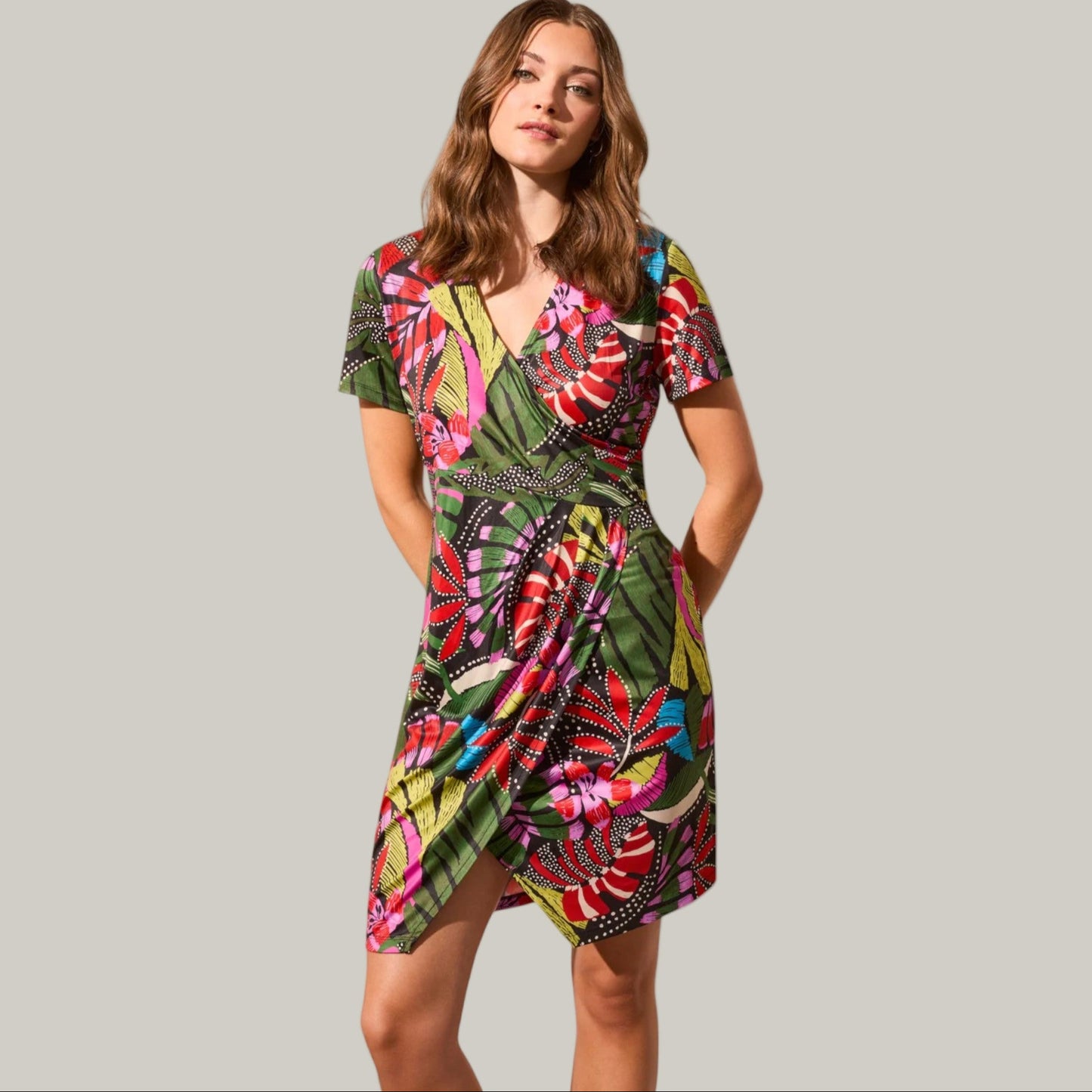 Tribal - Faux Wrap Short-Sleeve V-Neck Dress
