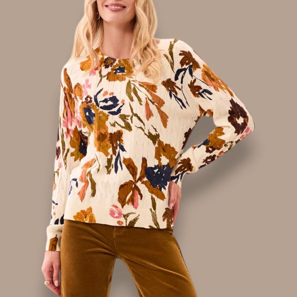 Tribal - Printed Cable Cotton Crew Neck Sweater