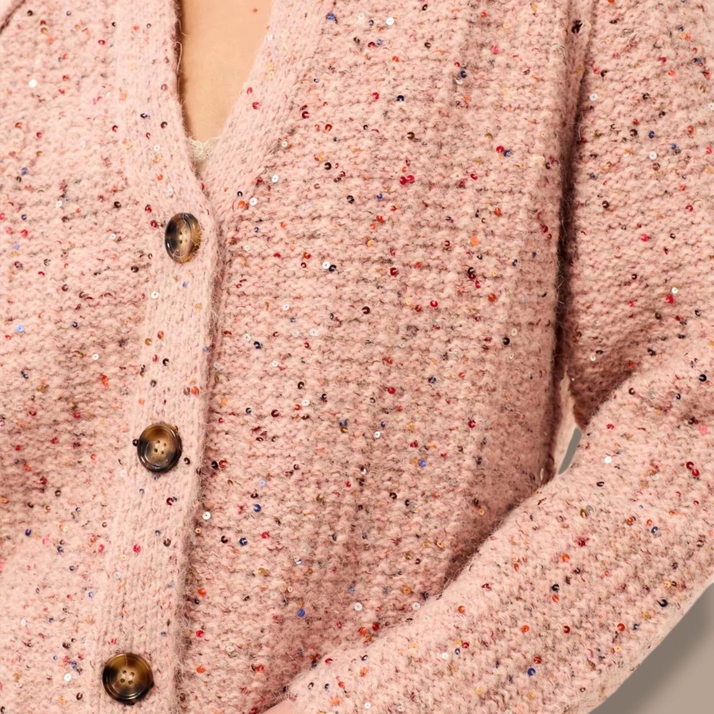 Tribal - Sequined Button Front Notch Neck Cardigan