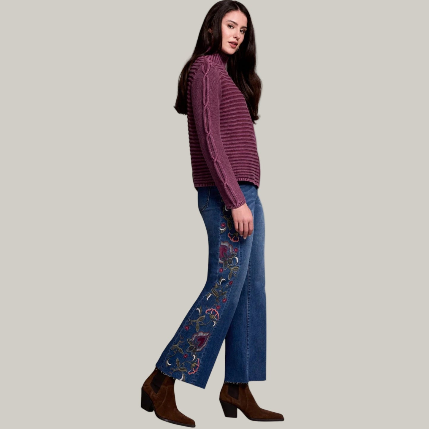Tribal - Vintage Washed Cable Knit Mock Neck Sweater