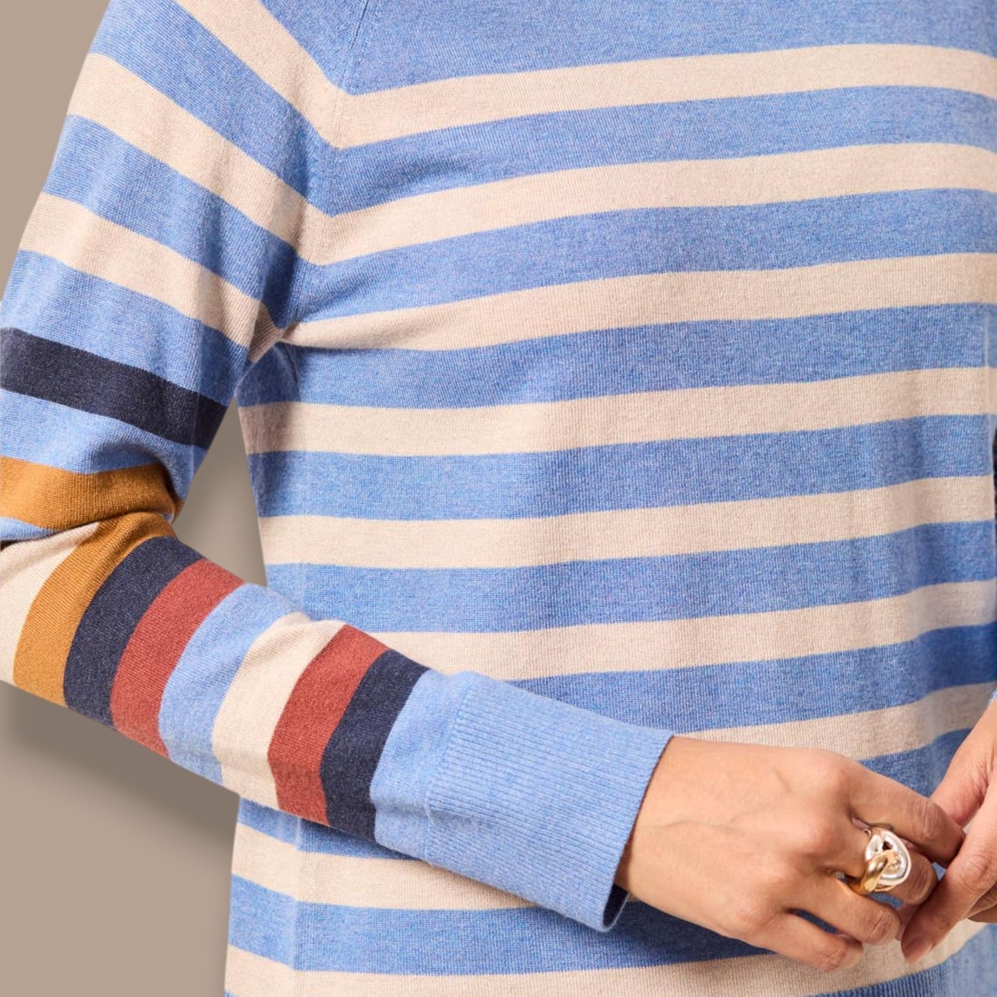 Tribal - Striped Knit Sweater With Multi-Colour Sleeve Detail
