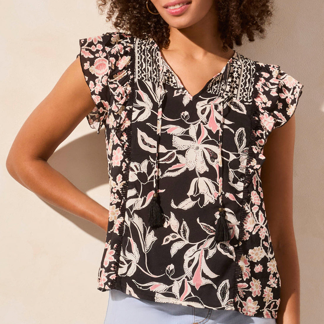 Tribal - Patterned Notch Neck Blouse