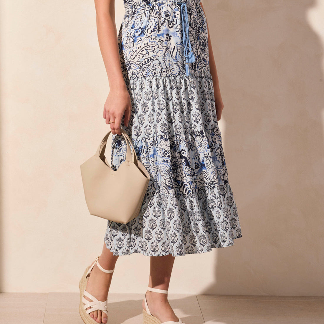 Tribal - Printed V-Neck Dress With Drawcord Waist