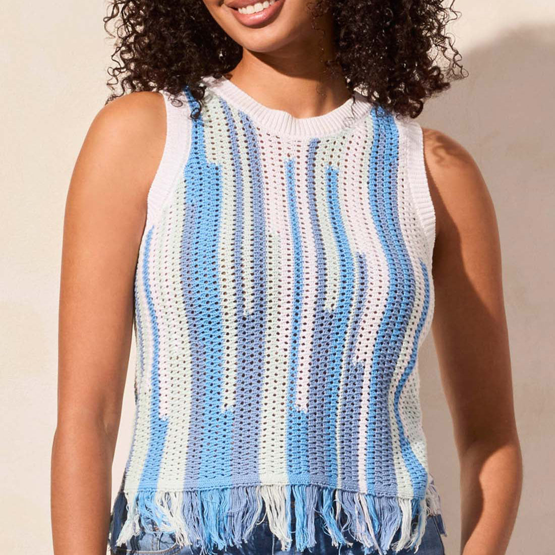 Tribal - Crew Neck Fringed Hem Sweater Cami