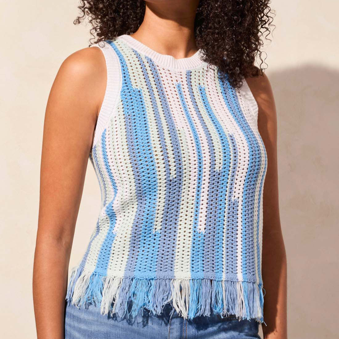 Tribal - Crew Neck Fringed Hem Sweater Cami