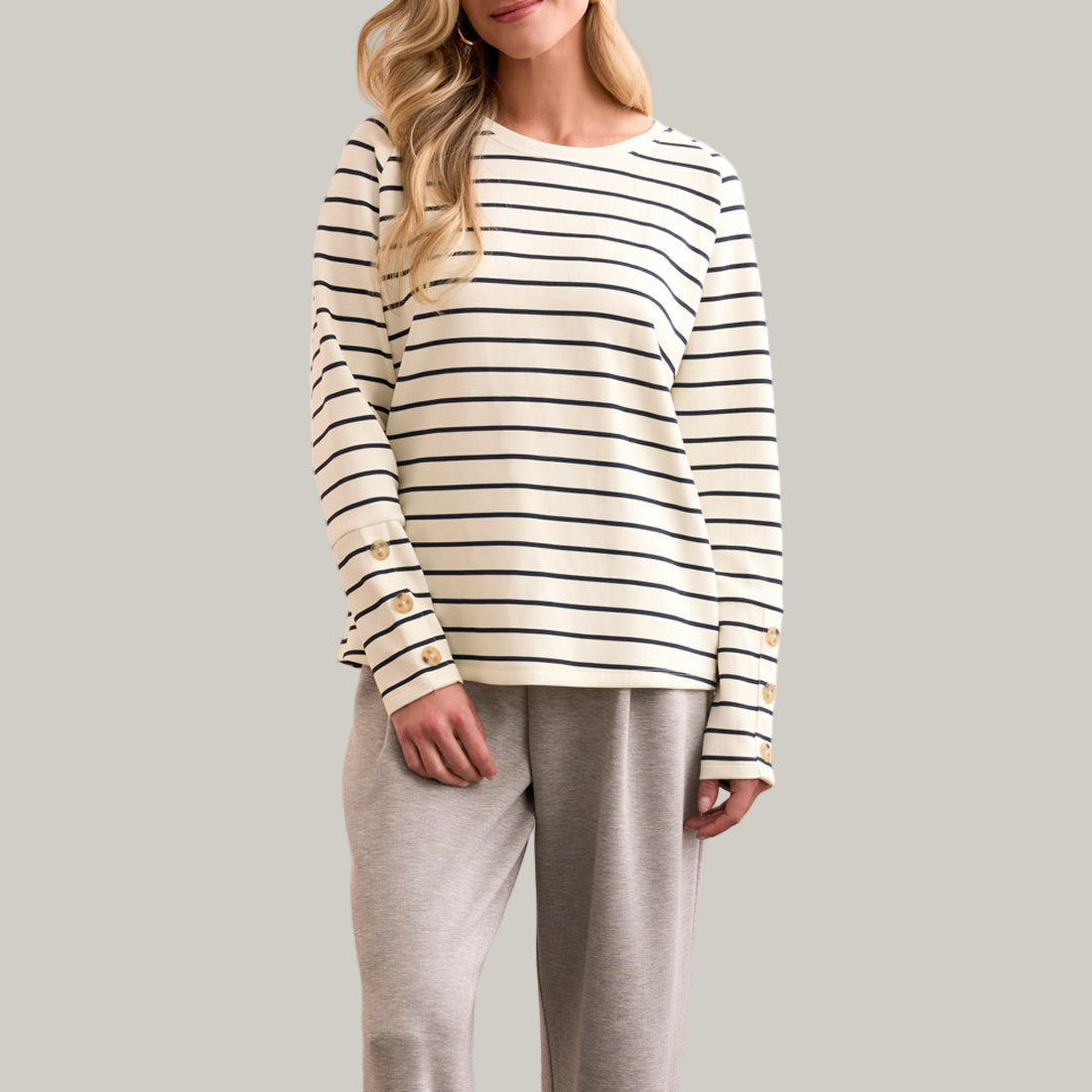 Tribal - Stripe Scuba Knit Button-Sleeve Crew Neck Top