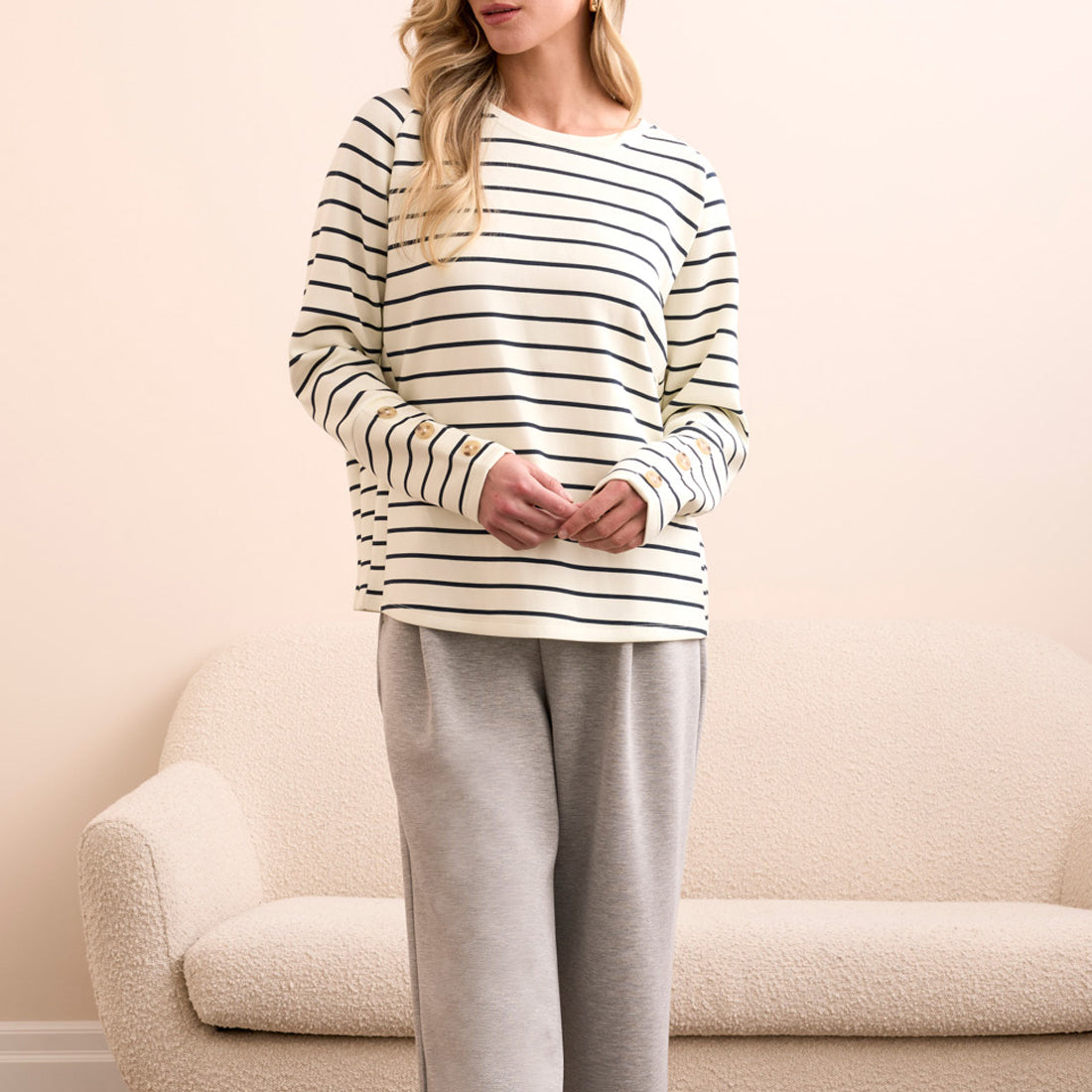 Tribal - Stripe Scuba Knit Button-Sleeve Crew Neck Top
