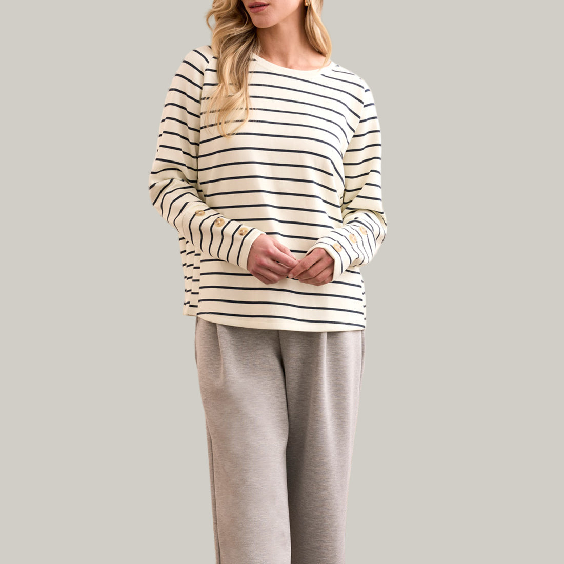 Tribal - Stripe Scuba Knit Button-Sleeve Crew Neck Top