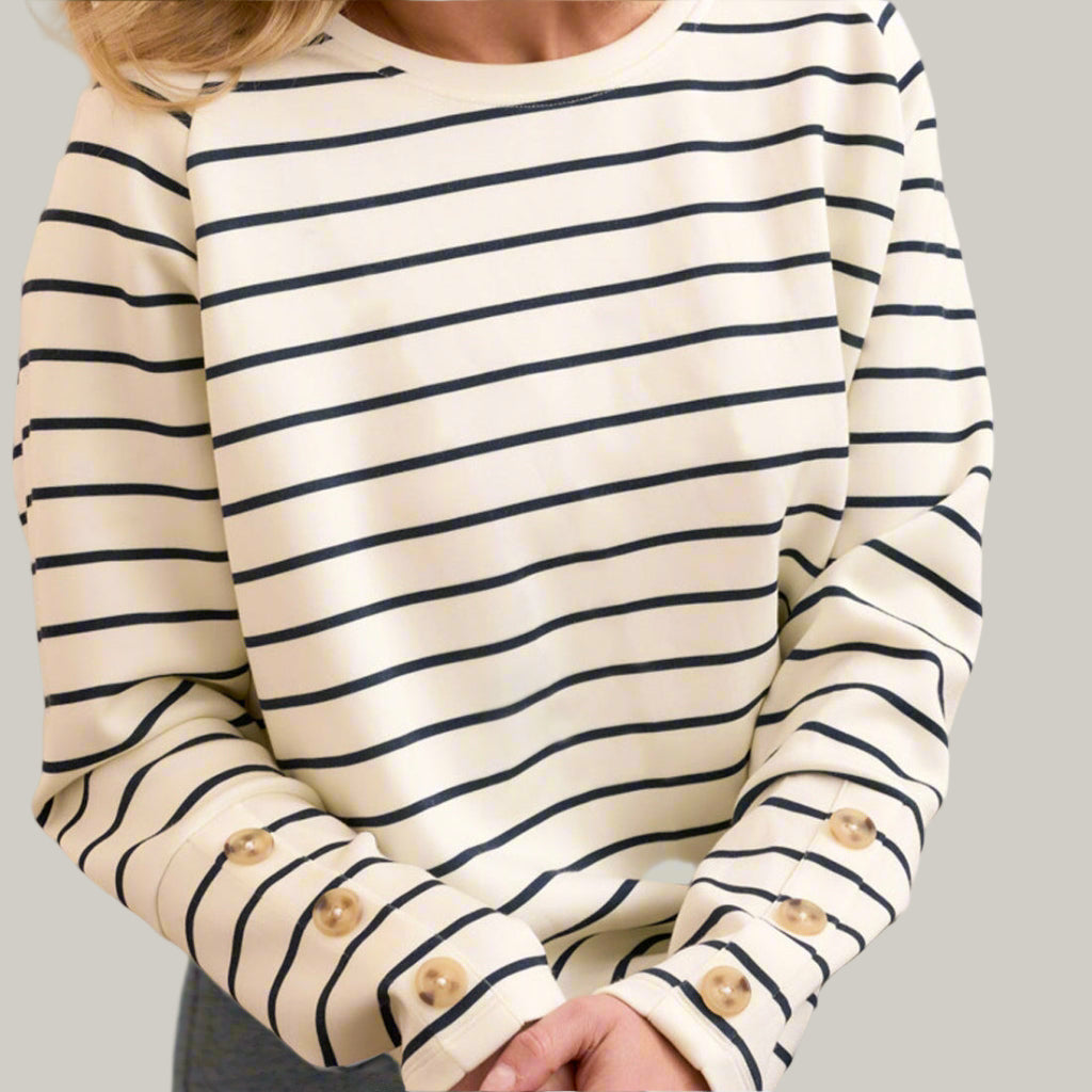 Tribal - Stripe Scuba Knit Button-Sleeve Crew Neck Top