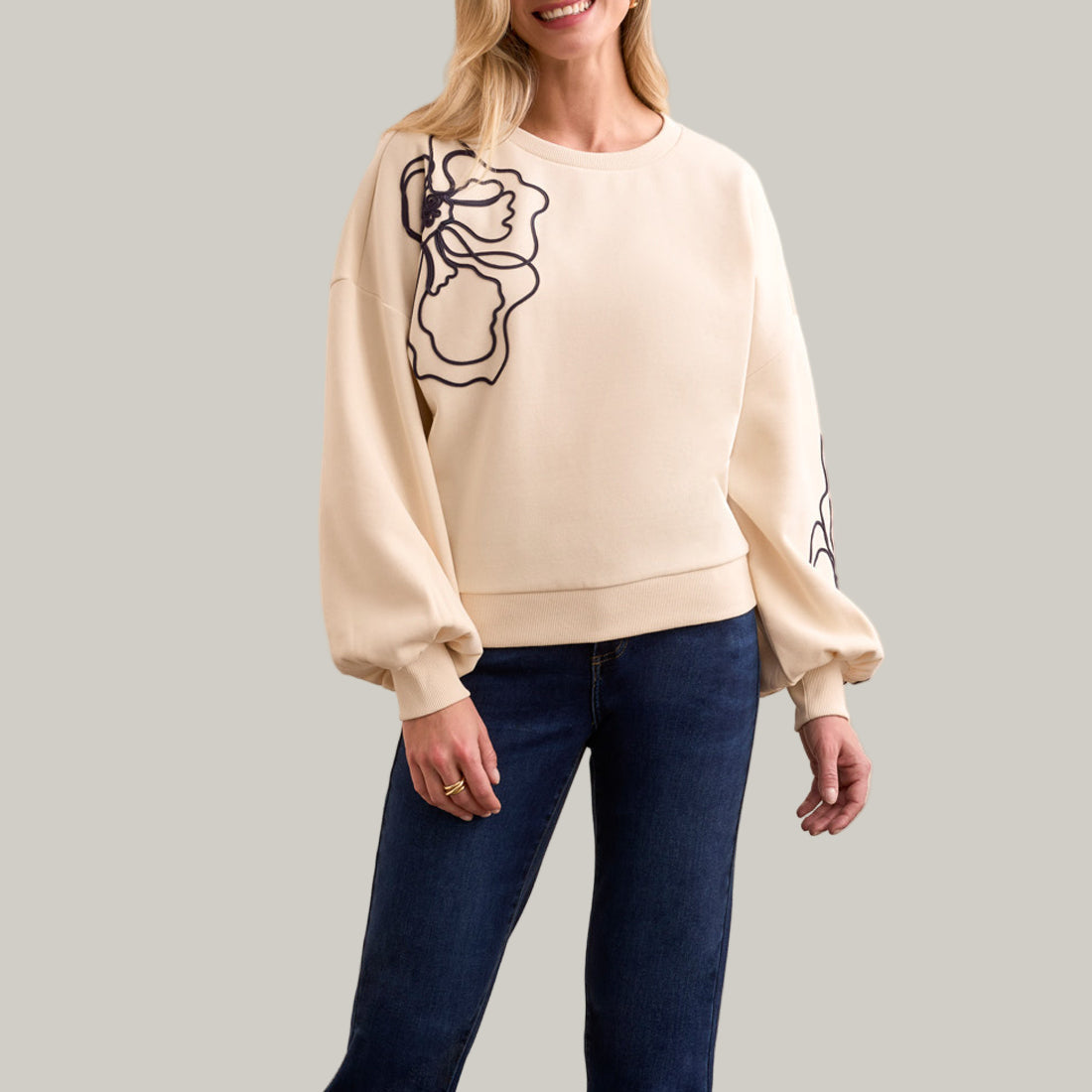 Tribal - French Terry Embroidered Drop Shoulder Crew Neck Top