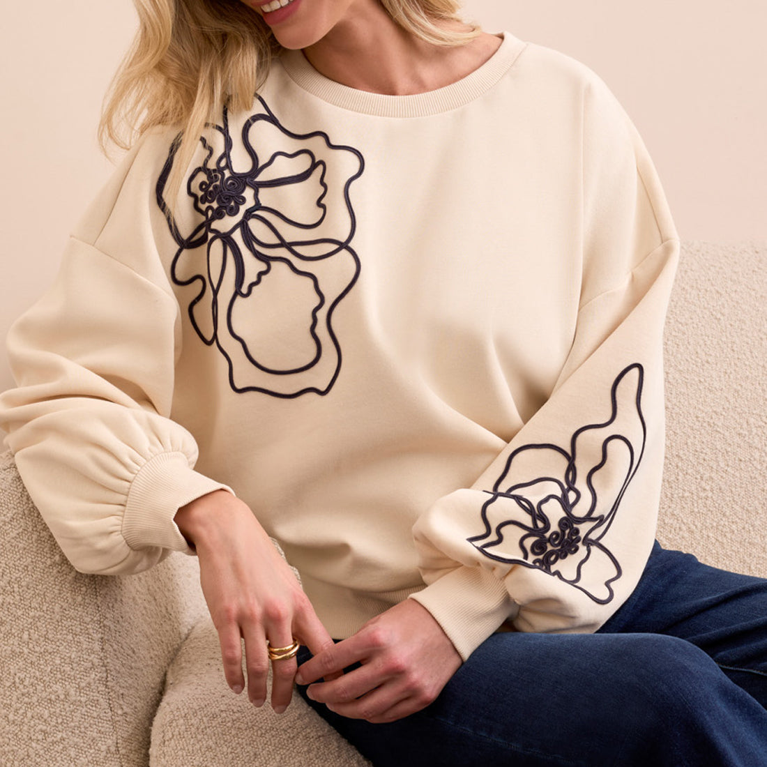 Tribal - French Terry Embroidered Drop Shoulder Crew Neck Top
