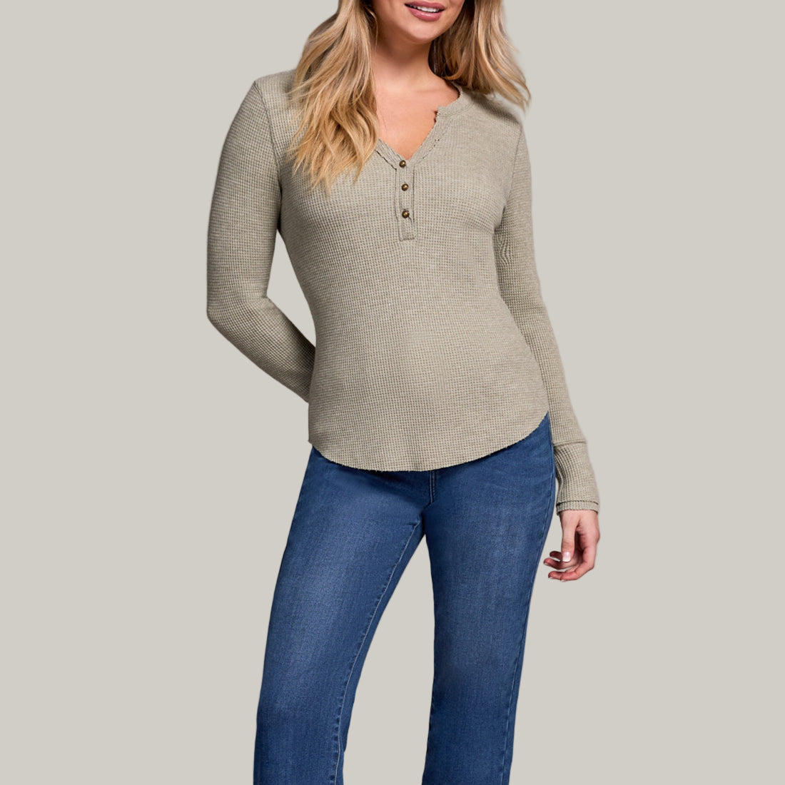 Tribal - Brushed Waffle Knit Henley Long Sleeve Top