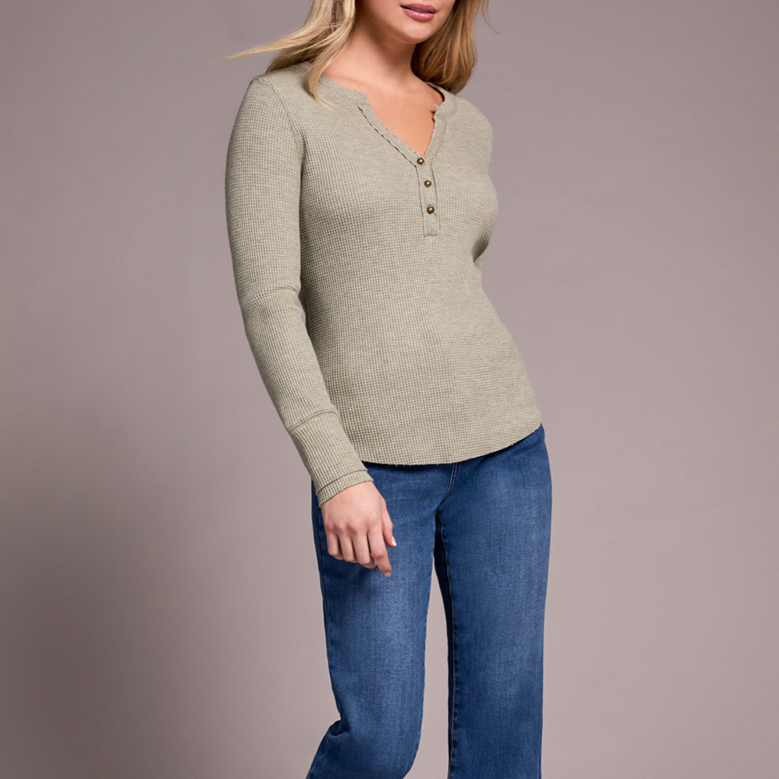 Tribal - Brushed Waffle Knit Henley Long Sleeve Top