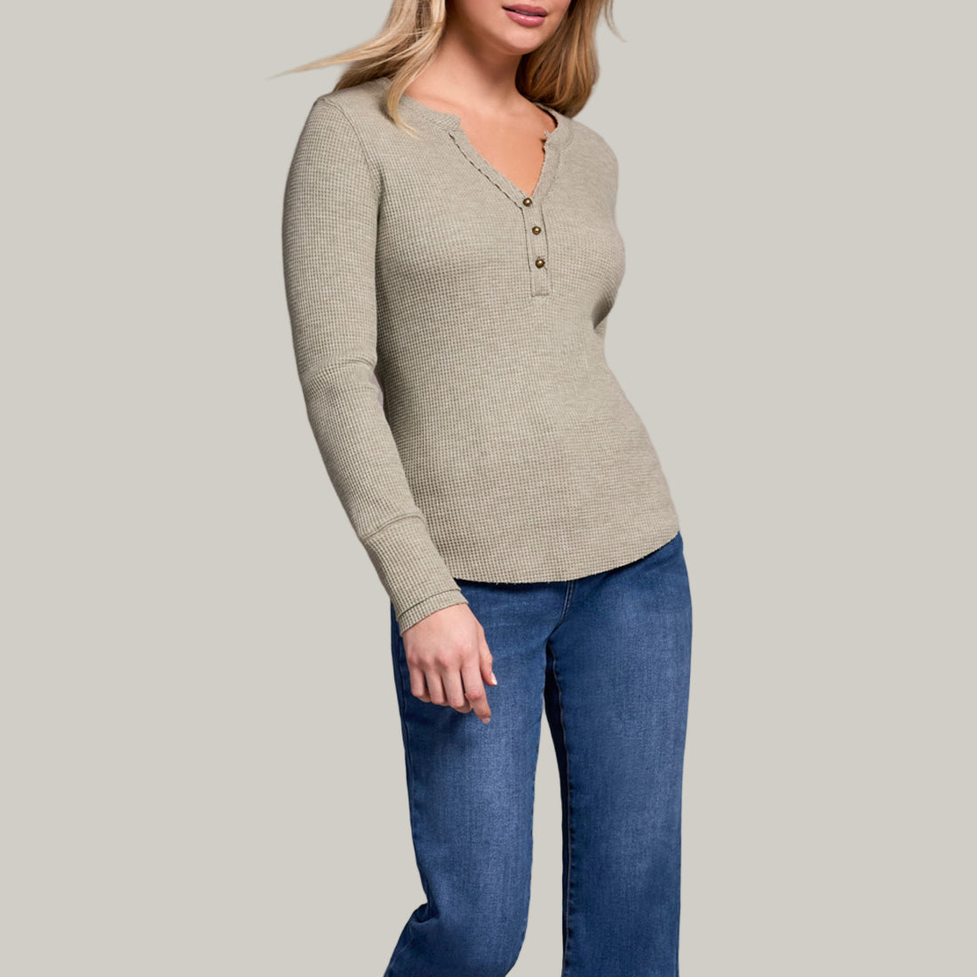 Tribal - Brushed Waffle Knit Henley Long Sleeve Top