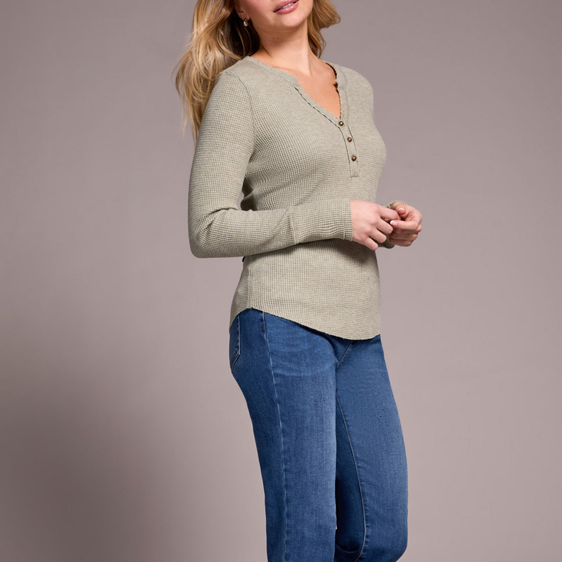Tribal - Brushed Waffle Knit Henley Long Sleeve Top