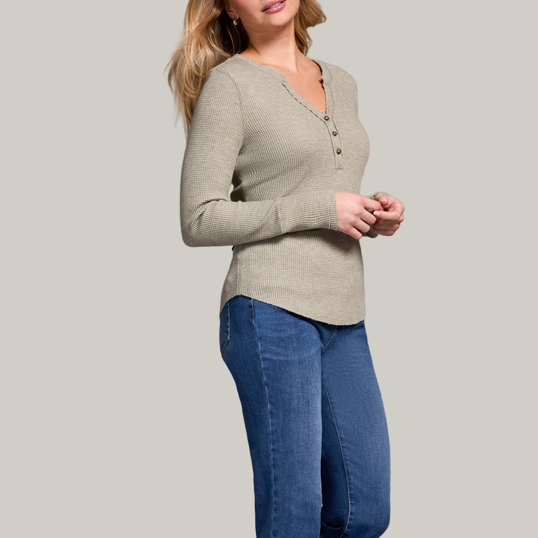 Tribal - Brushed Waffle Knit Henley Long Sleeve Top
