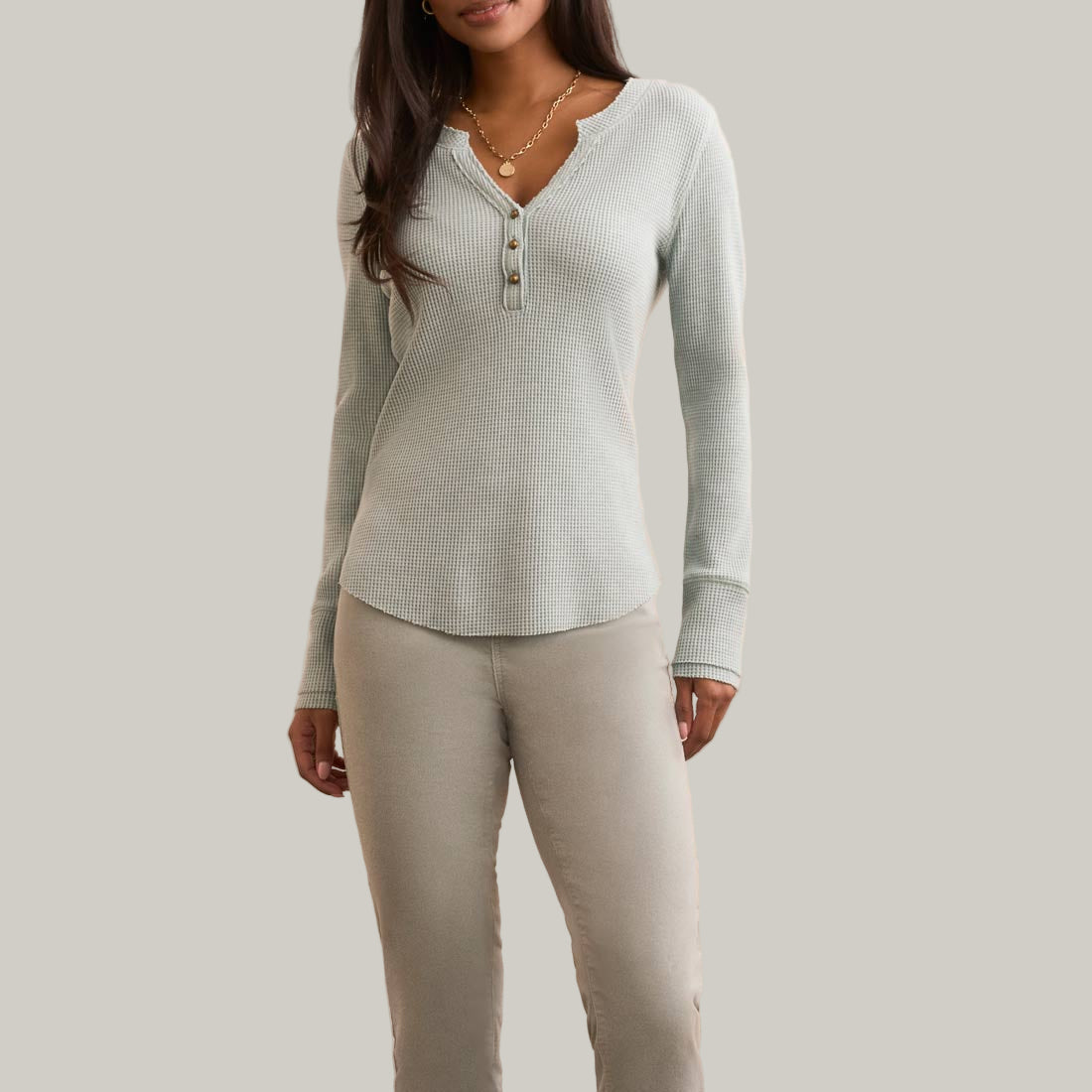Tribal - Brushed Waffle Knit Henley Long Sleeve Top