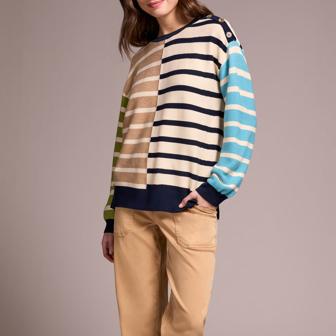 Tribal - Multi Stripe Lightweight Crew Neck Sweater