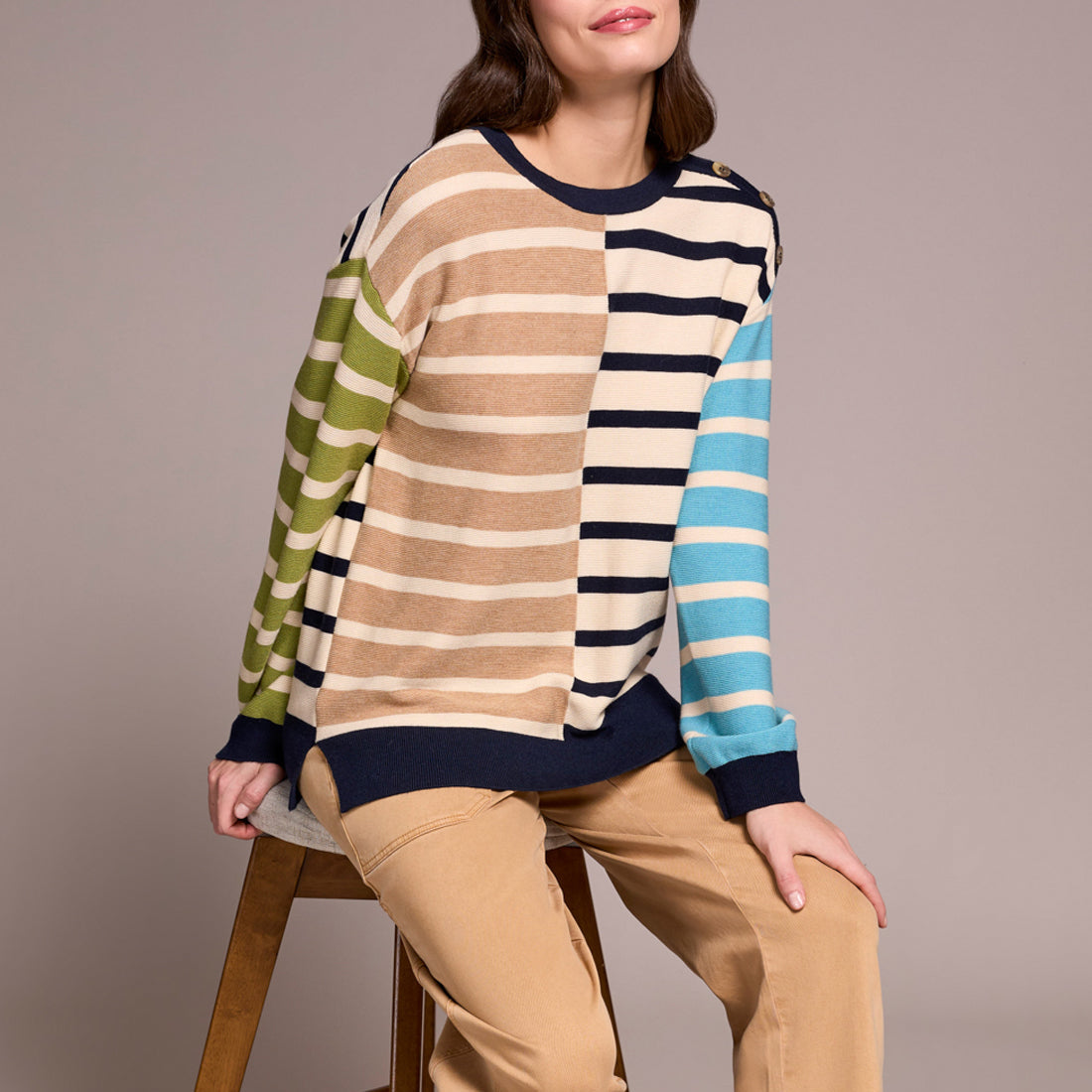 Tribal - Multi Stripe Lightweight Crew Neck Sweater