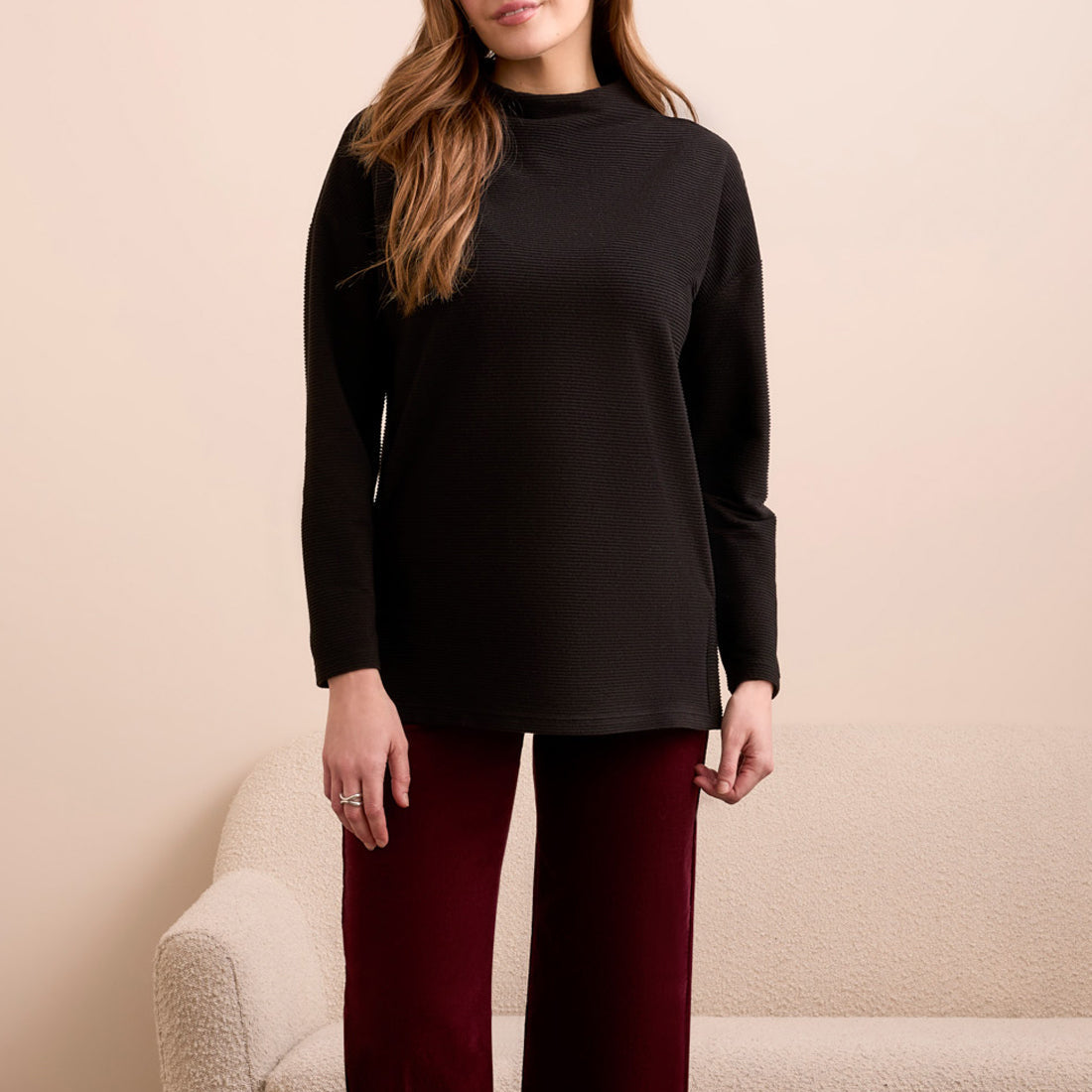 Tribal - Funnel Neck Tunic With Side Slits