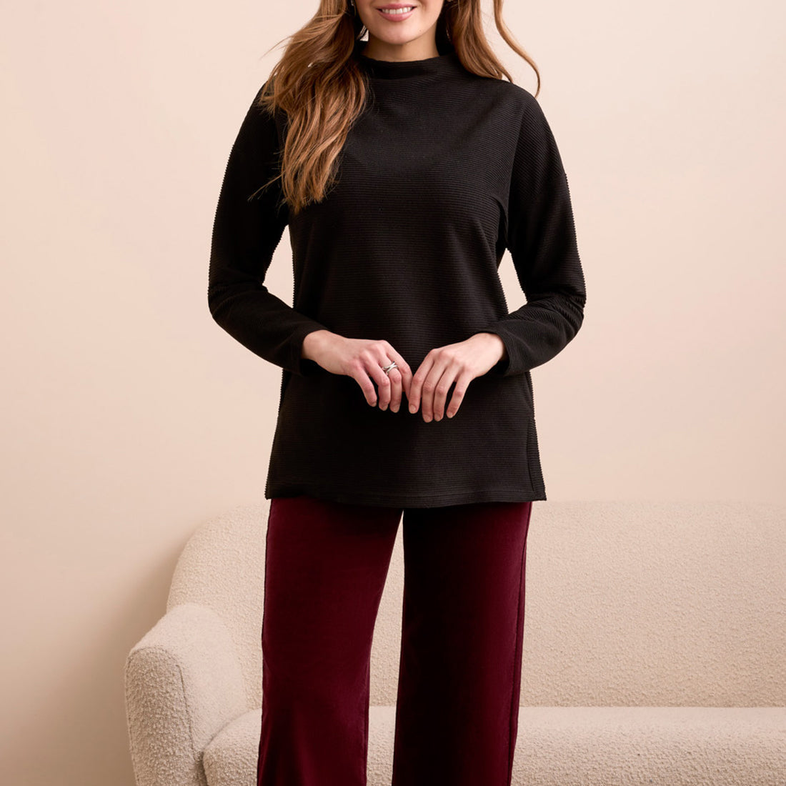 Tribal - Funnel Neck Tunic With Side Slits