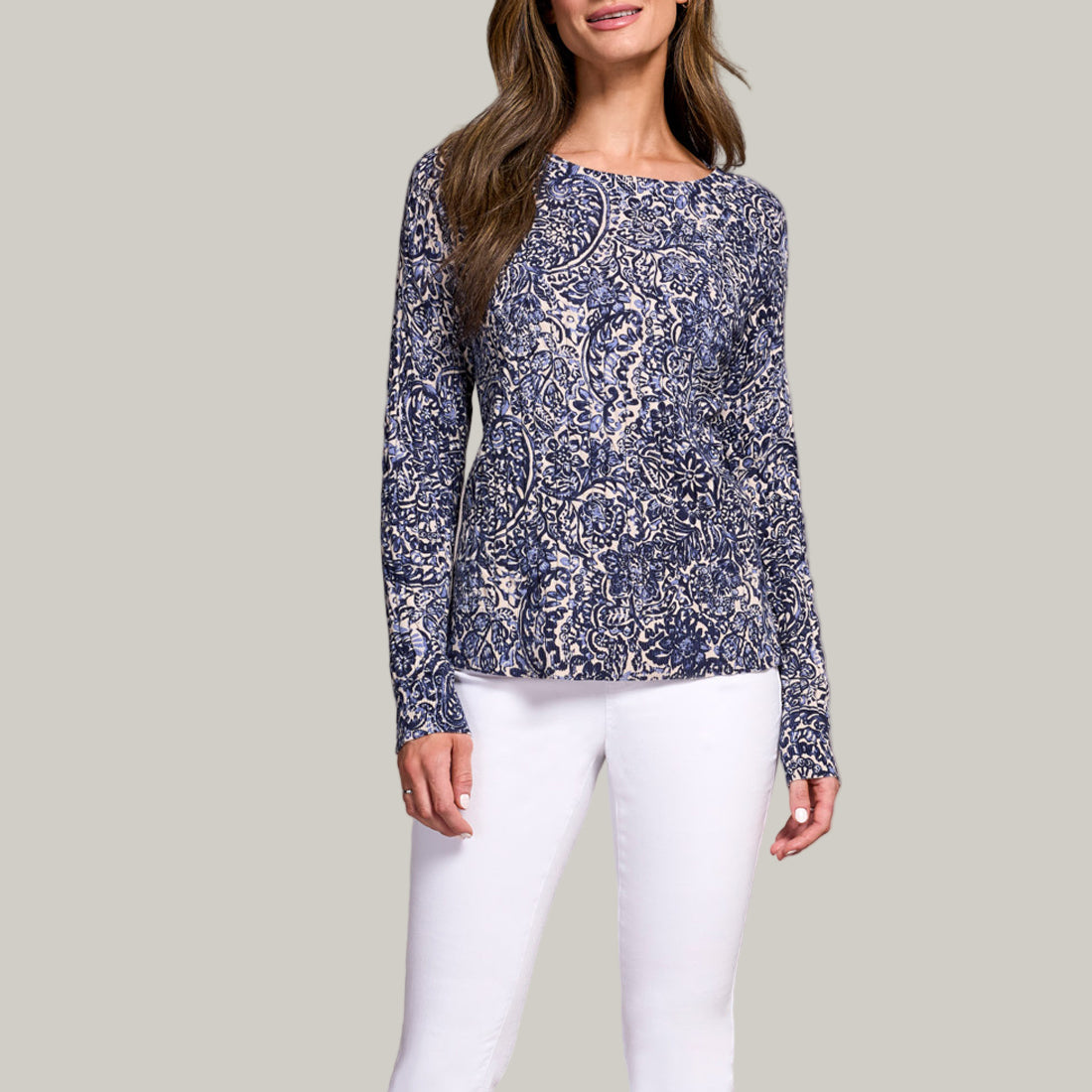 Tribal - Printed Cable Cotton Crew Neck Sweater