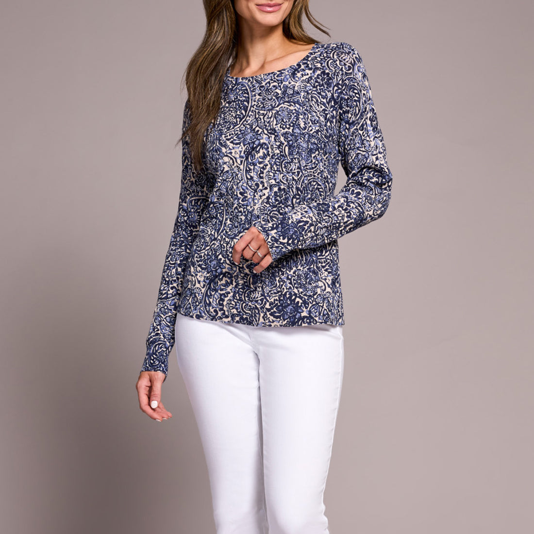 Tribal - Printed Cable Cotton Crew Neck Sweater