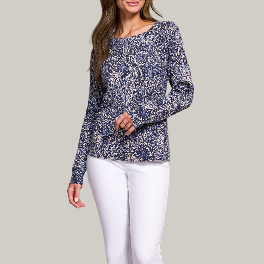 Tribal - Printed Cable Cotton Crew Neck Sweater