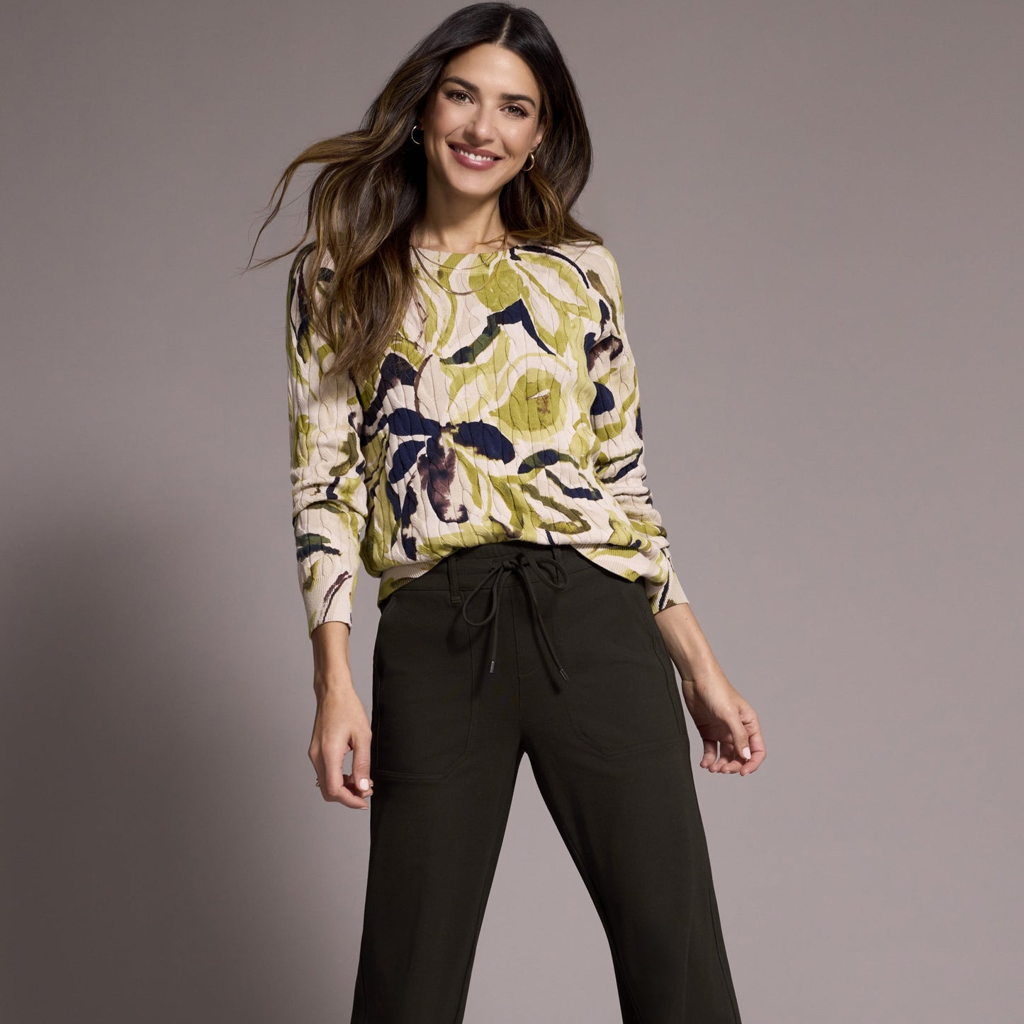 Tribal - Printed Cable Cotton Crew Neck Sweater