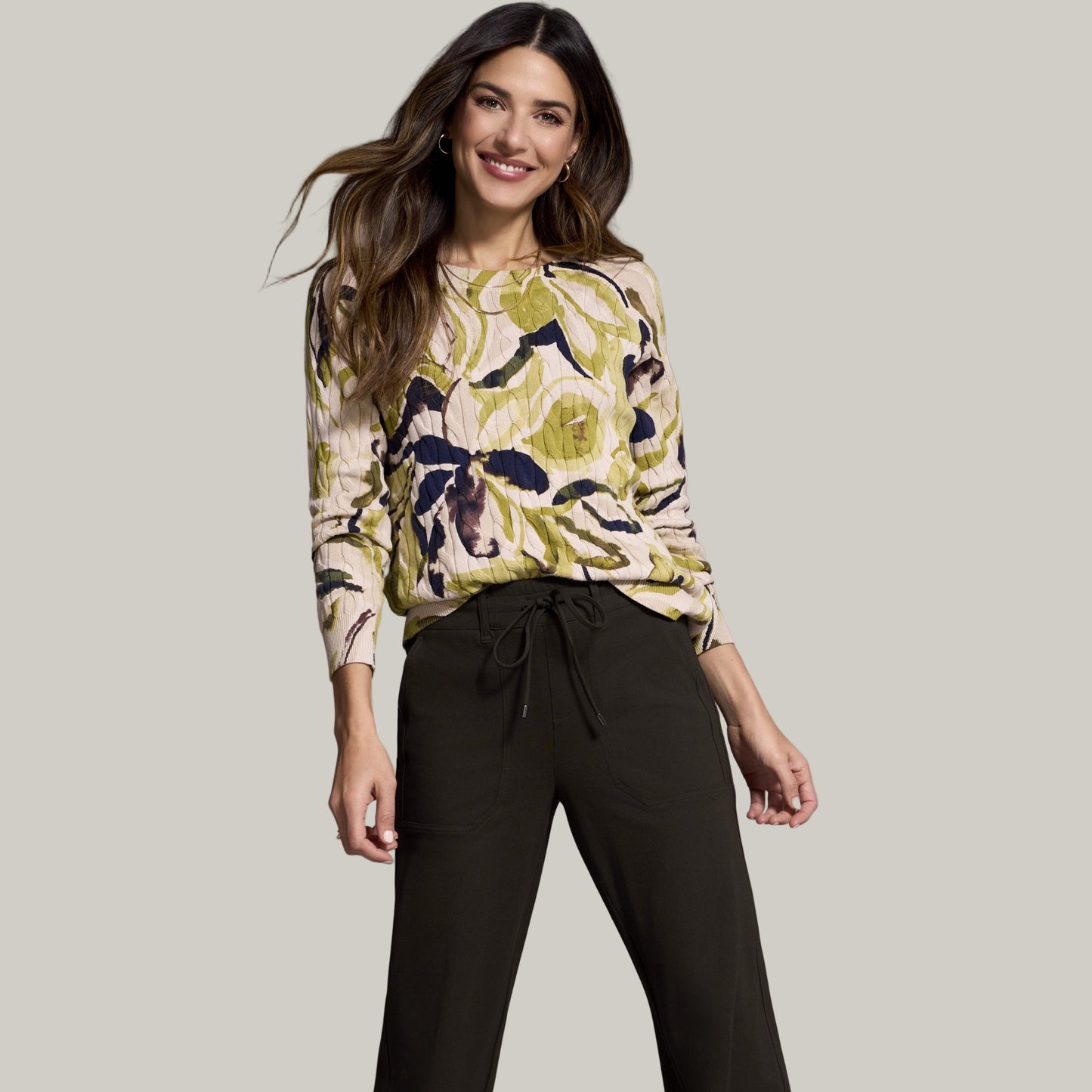 Tribal - Printed Cable Cotton Crew Neck Sweater