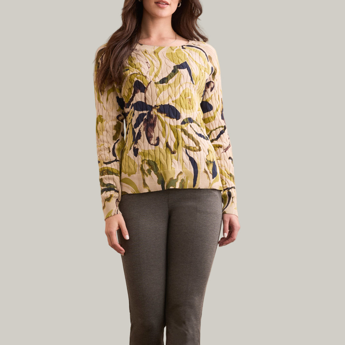Tribal - Printed Cable Cotton Crew Neck Sweater
