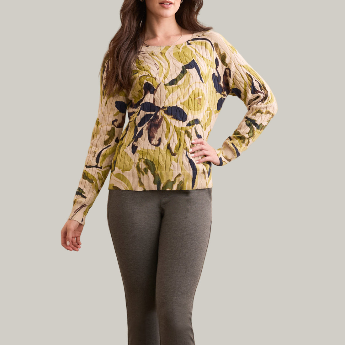 Tribal - Printed Cable Cotton Crew Neck Sweater