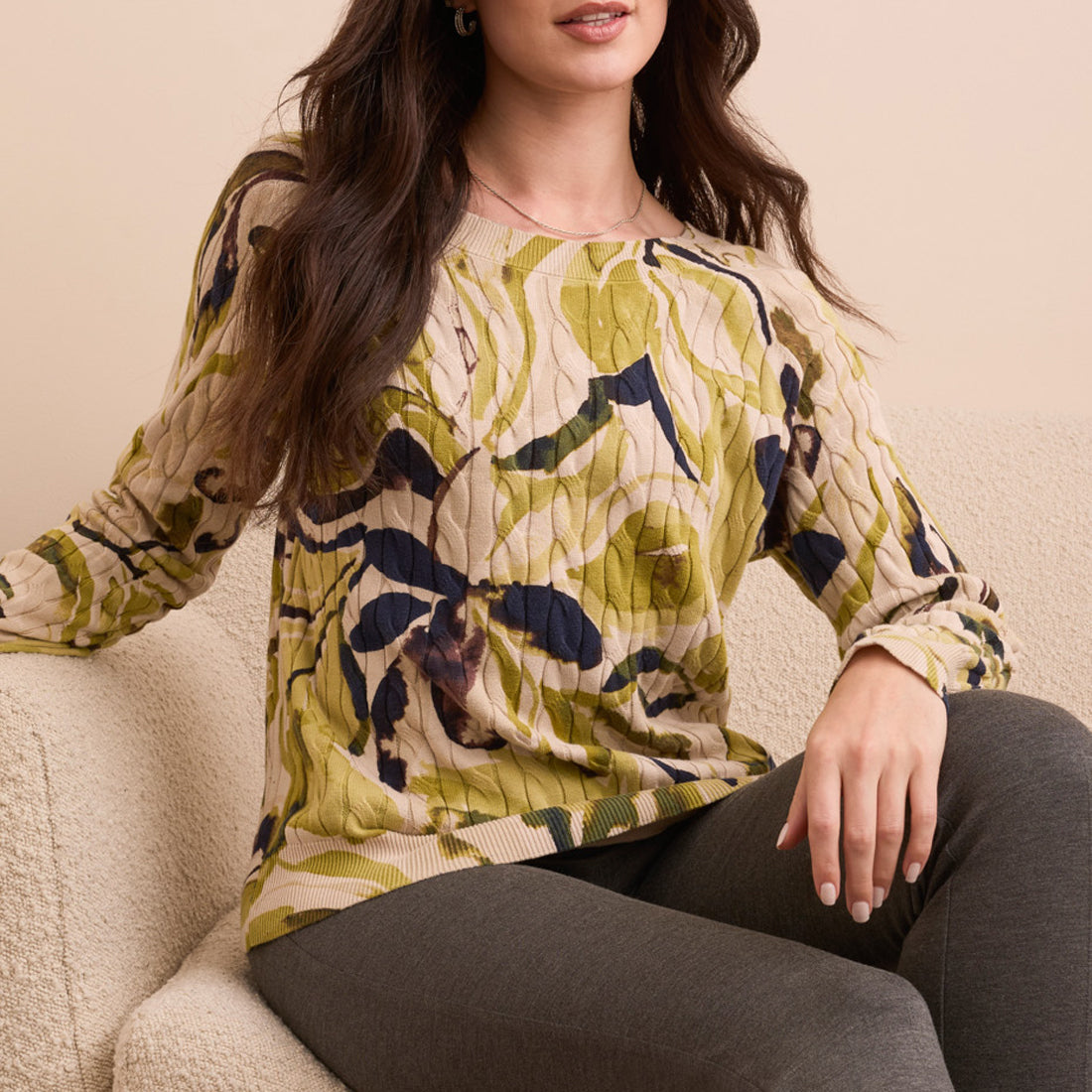 Tribal - Printed Cable Cotton Crew Neck Sweater