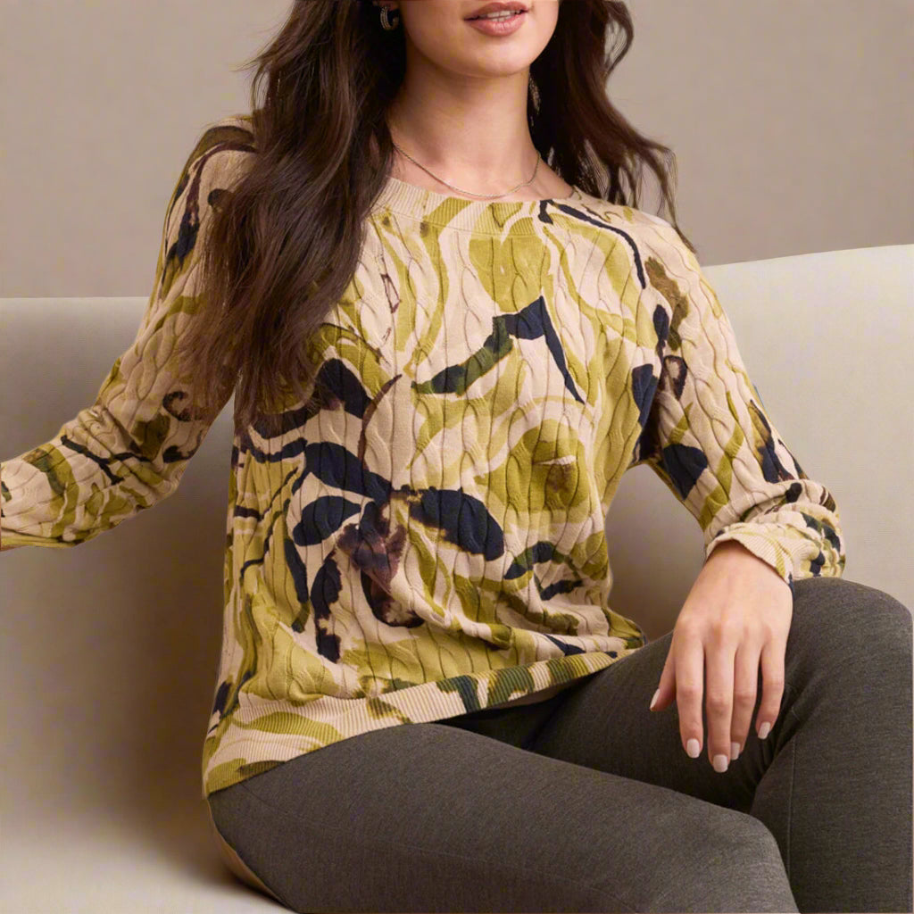Tribal - Printed Cable Cotton Crew Neck Sweater