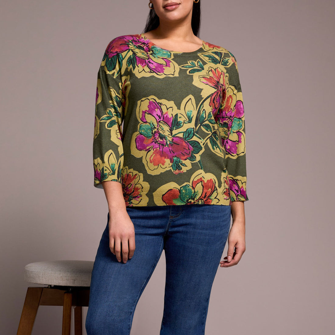 Tribal - Soft Yarn Three-Quarter Sleeve Crewneck Sweater