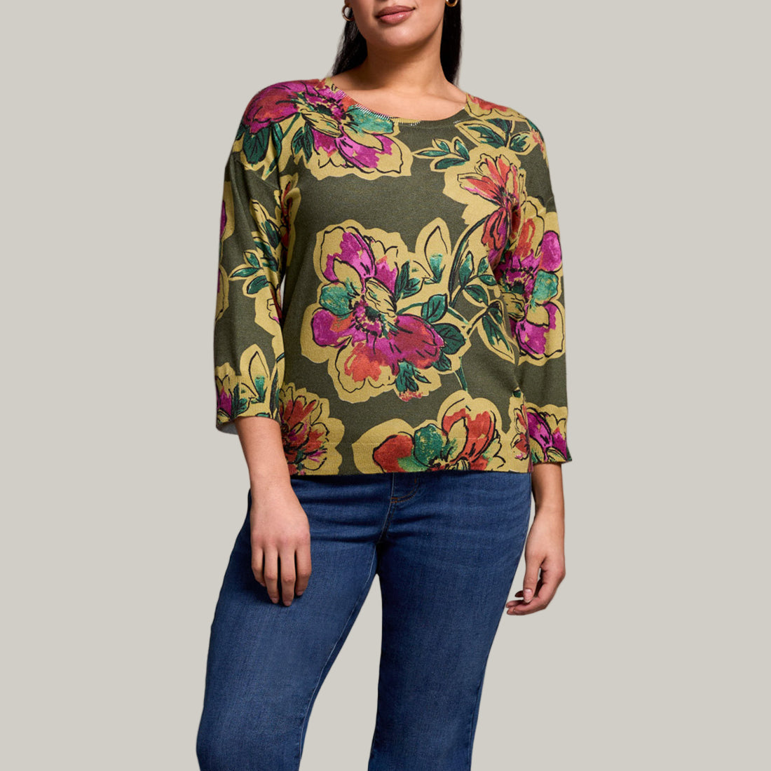 Tribal - Soft Yarn Three-Quarter Sleeve Crewneck Sweater