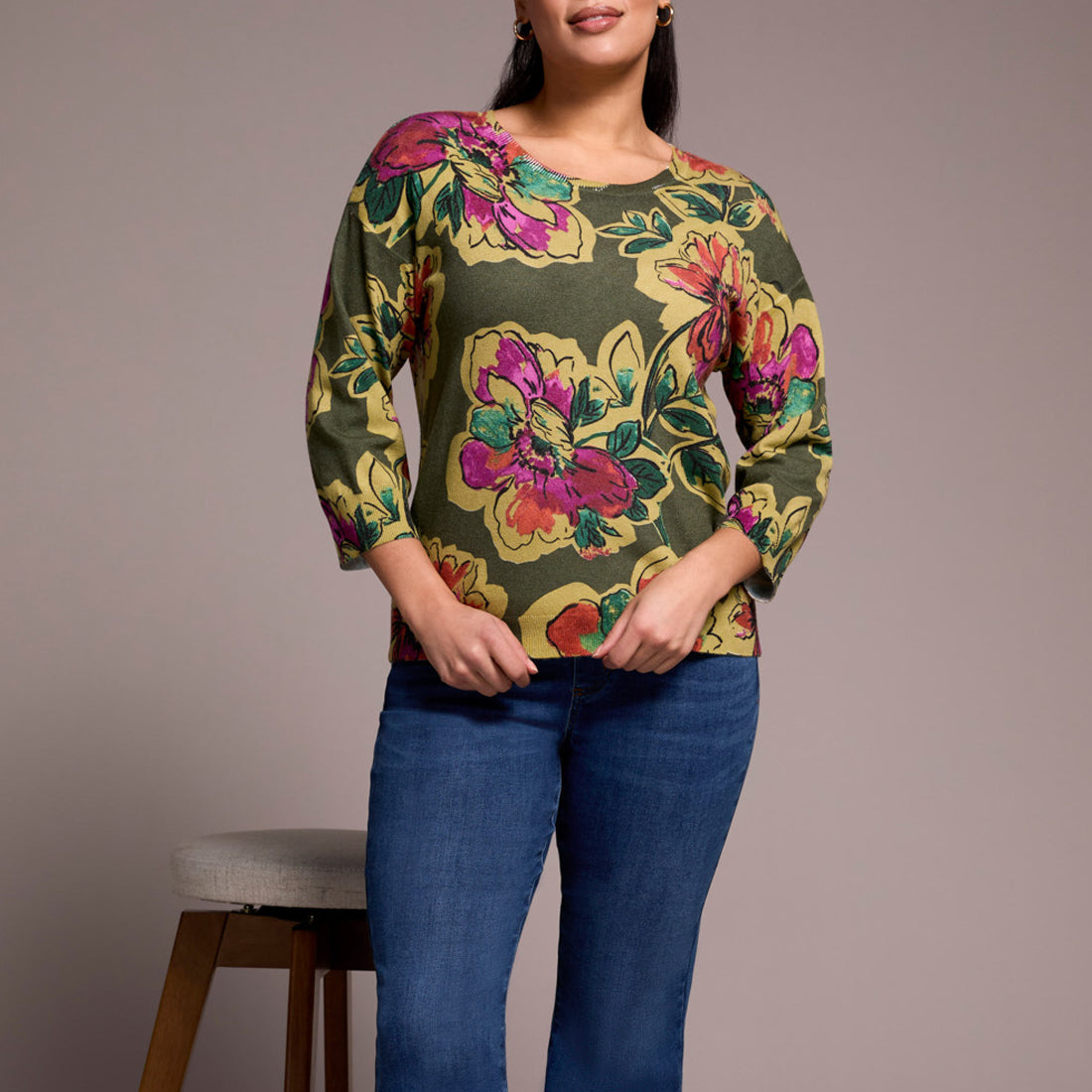 Tribal - Soft Yarn Three-Quarter Sleeve Crewneck Sweater