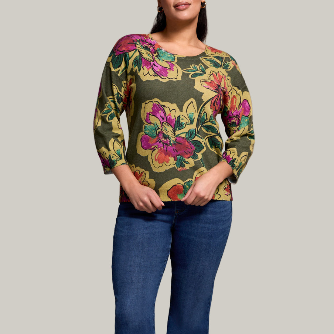 Tribal - Soft Yarn Three-Quarter Sleeve Crewneck Sweater