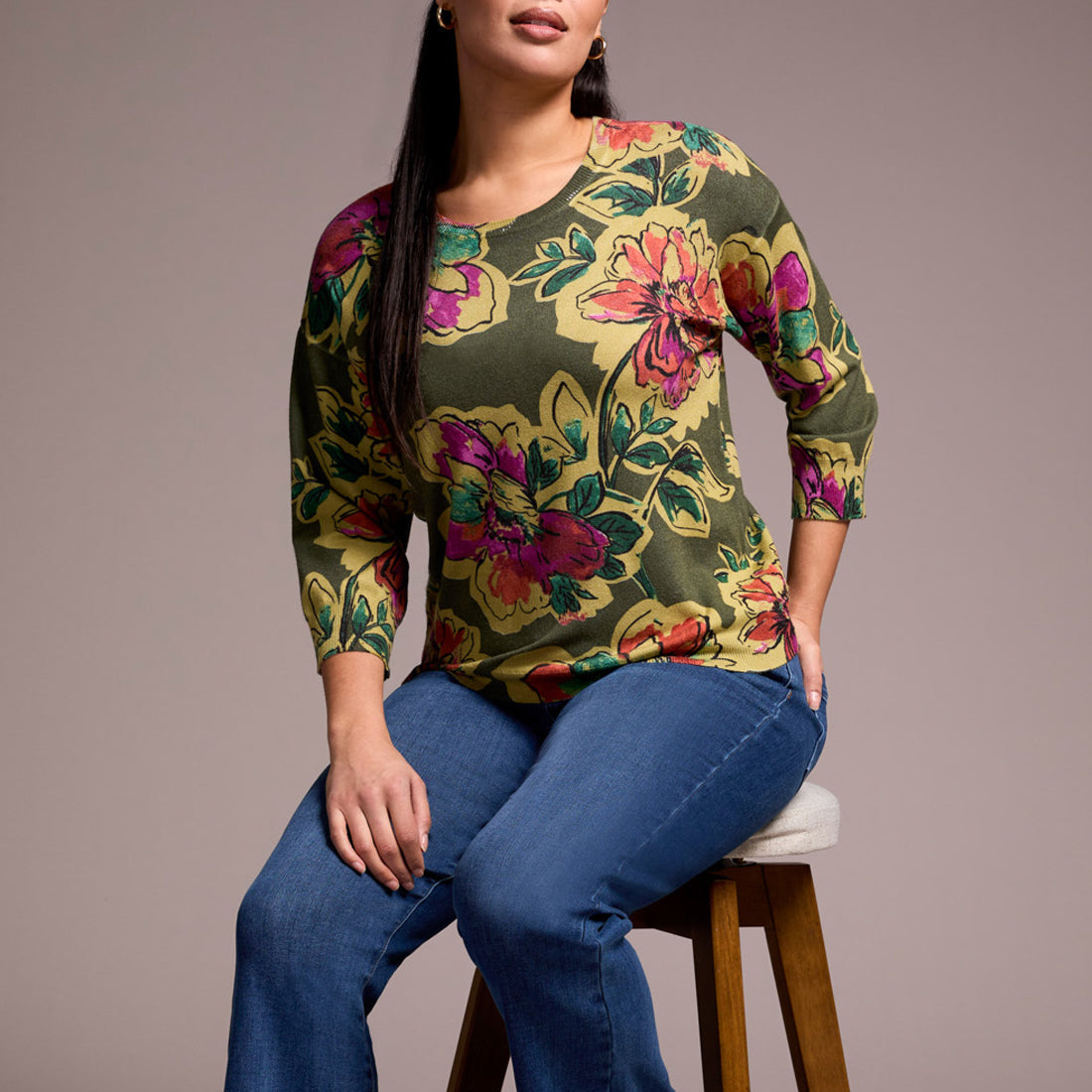 Tribal - Soft Yarn Three-Quarter Sleeve Crewneck Sweater