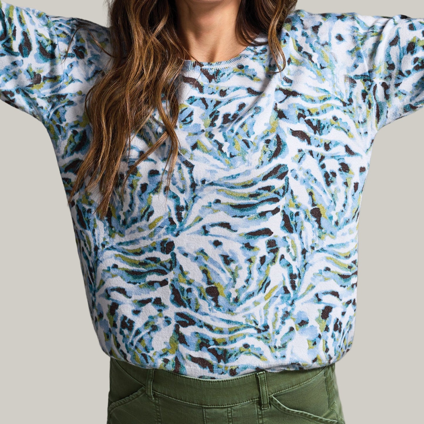 Tribal - Soft Yarn Three-Quarter Sleeve Crewneck Sweater