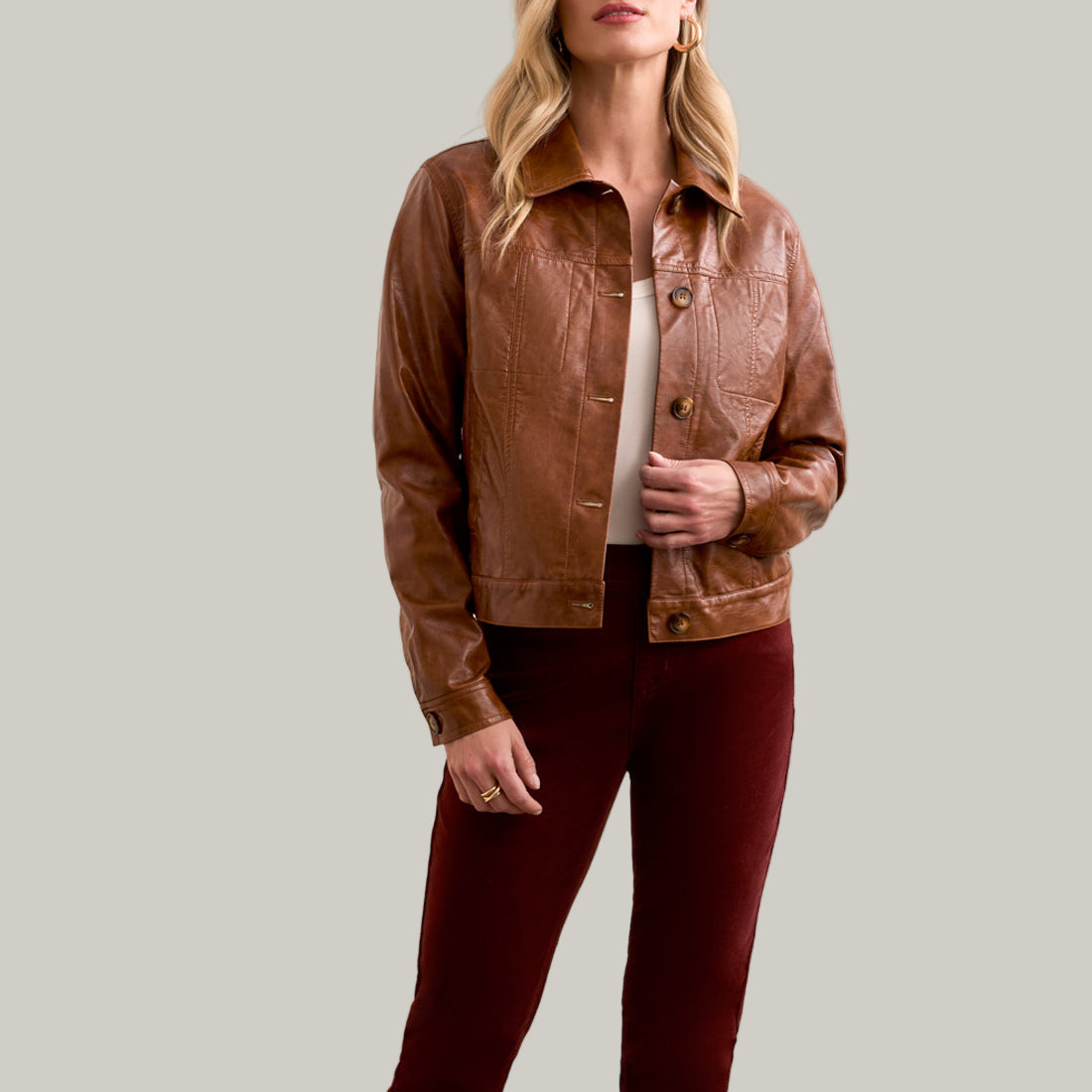 Tribal - Faux Leather Button-Front Collar-Accent Jacket