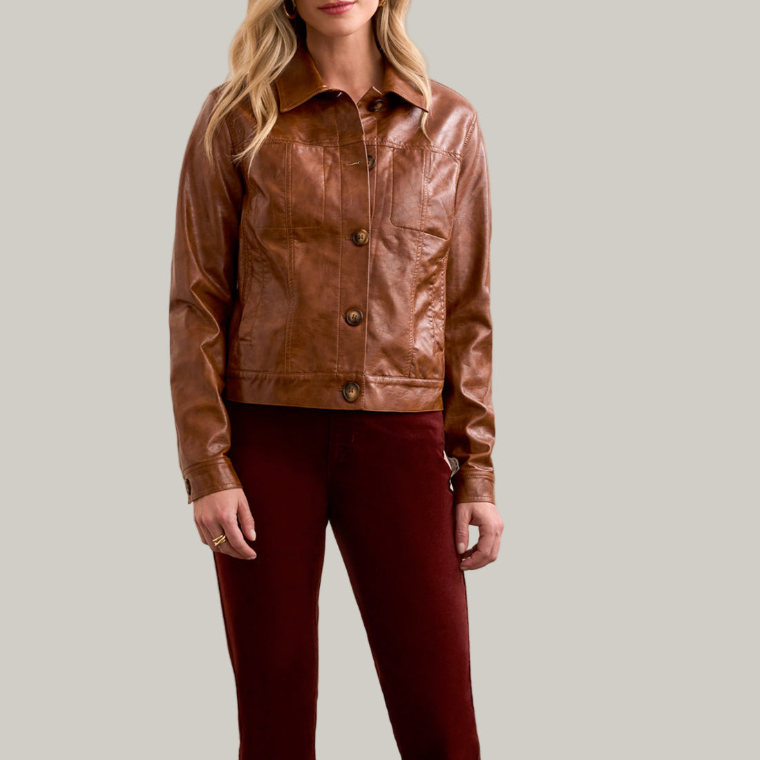 Tribal - Faux Leather Button-Front Collar-Accent Jacket