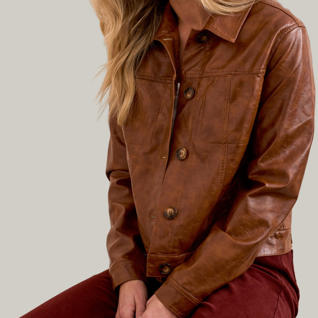Tribal - Faux Leather Button-Front Collar-Accent Jacket