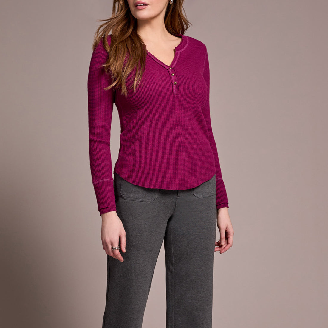 Tribal - Brushed Waffle Knit Henley Long Sleeve Top