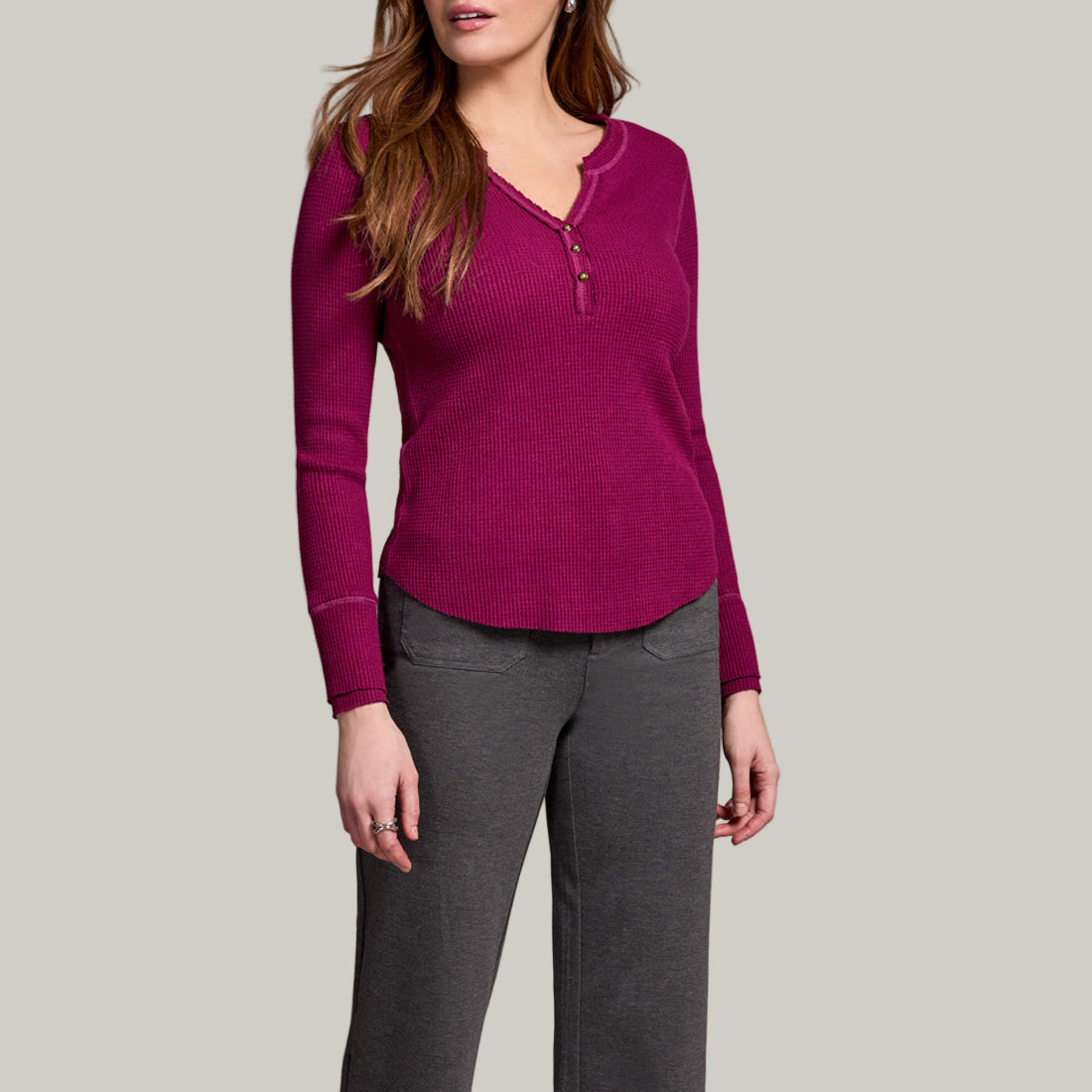 Tribal - Brushed Waffle Knit Henley Long Sleeve Top