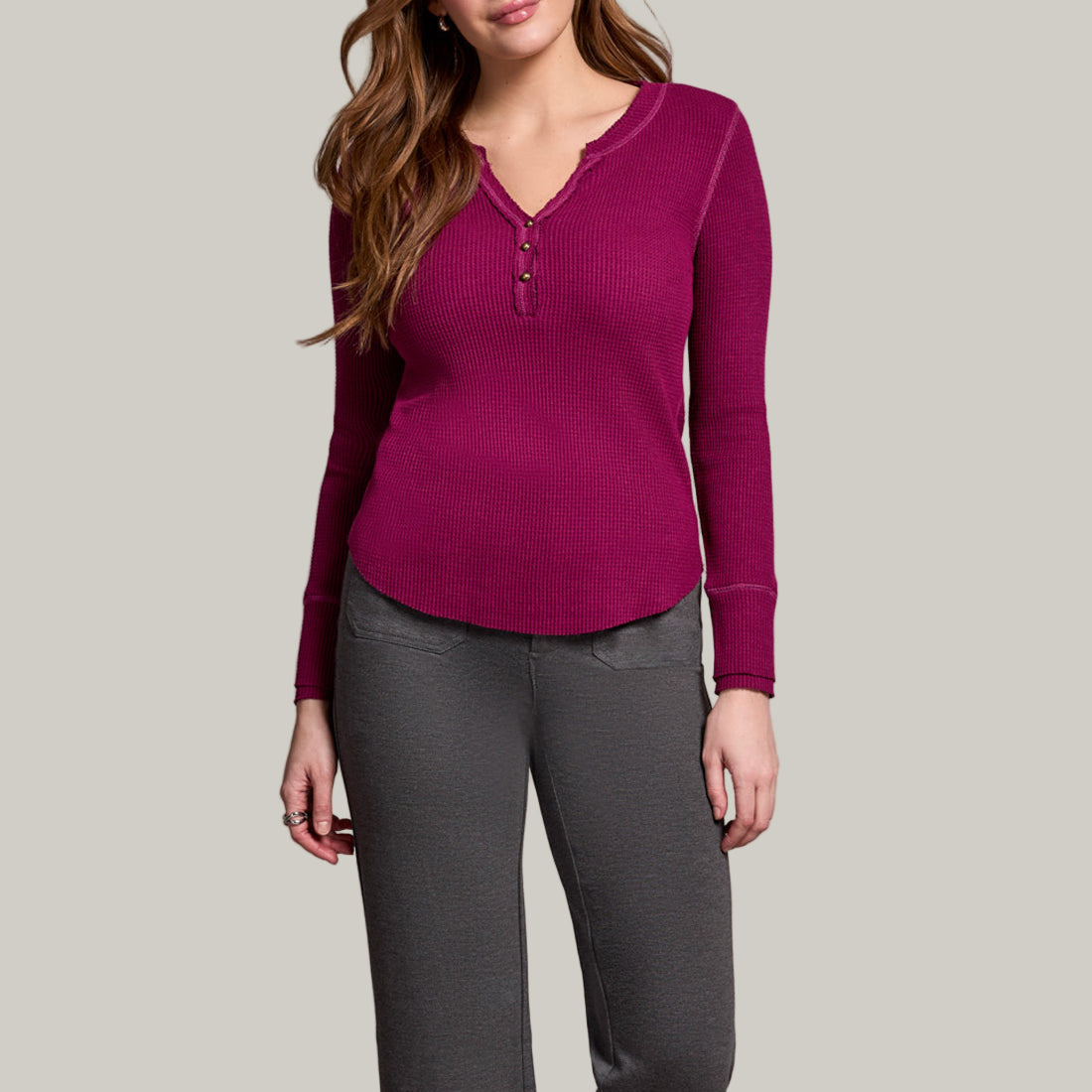 Tribal - Brushed Waffle Knit Henley Long Sleeve Top