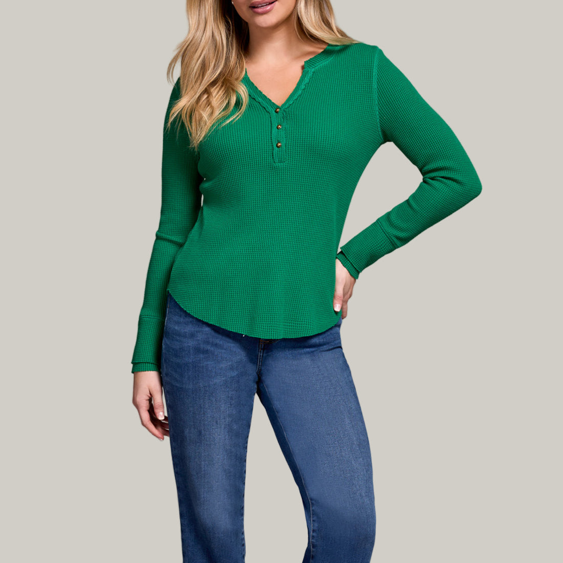 Tribal - Brushed Waffle Knit Henley Long Sleeve Top
