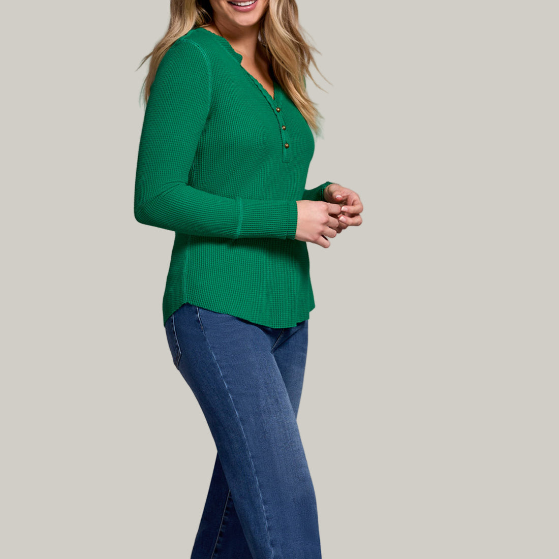 Tribal - Brushed Waffle Knit Henley Long Sleeve Top