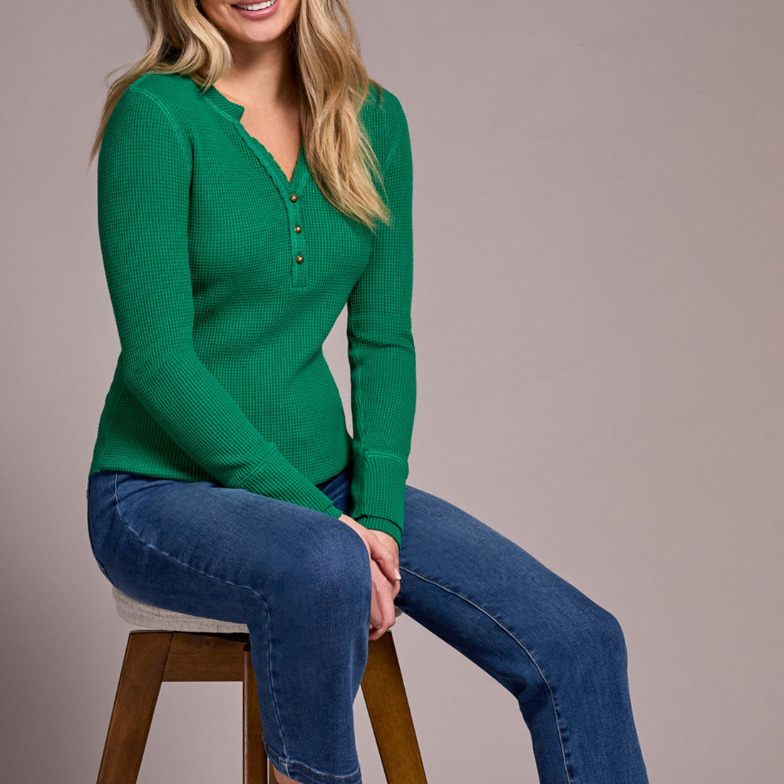 Tribal - Brushed Waffle Knit Henley Long Sleeve Top